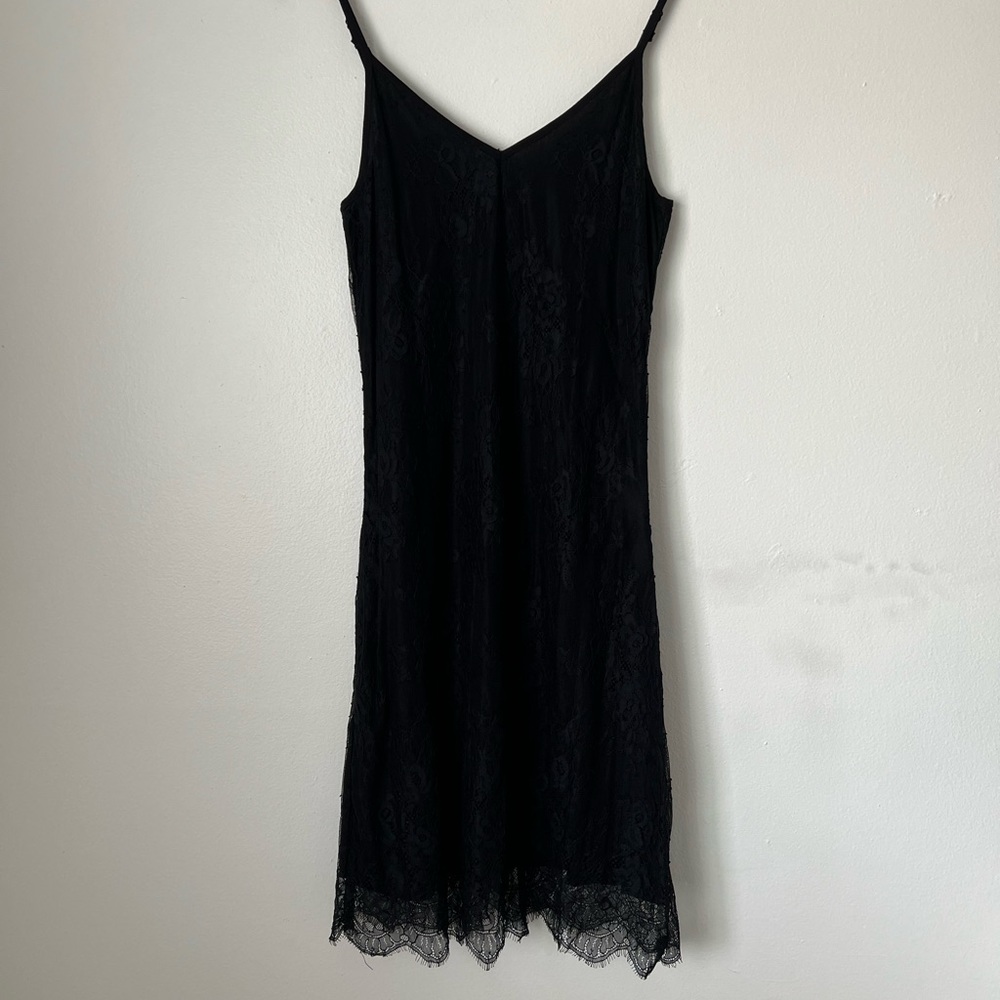 Sensemill LBD black lace mini dress w V neckline and spaghetti straps | size S